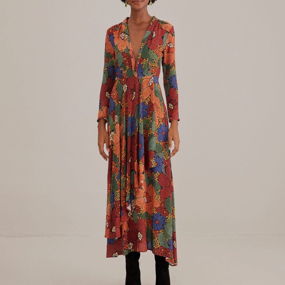 Farm Rio Black Stitched Flowers Plunge V-Neck Faux Wrap Maxi Dress, NWT, Size XL